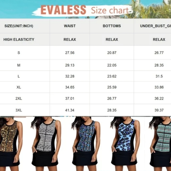 EVALESS Printed Two Piece Swimsuit Zipper Tankini Swimsuit with Skirt 3X NWOT - Picture 3 of 12
